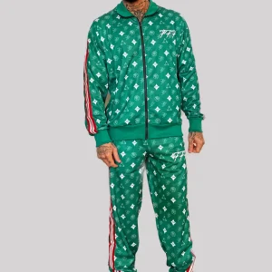 Tony Effe Completo tuta in triacetato TRIPLOSETTE 777 giacca zip + pantalone stampa NBA verde