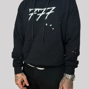 Tony Effe Completo tuta TRIPLOSETTE 777 felpa cappuccio + pantalone stampa logo destroyed nero