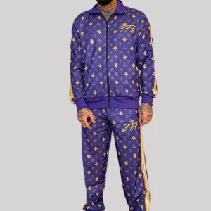 Tony Effe Completo tuta in triacetato TRIPLOSETTE 777 giacca zip + pantalone stampa NBA viola/giallo