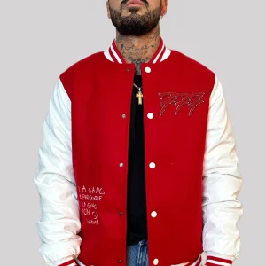 Tony Effe bomber TRIPLOSETTE 777 college in panno e ecopelle con patch bicolore rosso