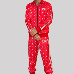 Tony Effe Completo tuta in triacetato TRIPLOSETTE 777 giacca zip + pantalone stampa NBA rosso/bianco