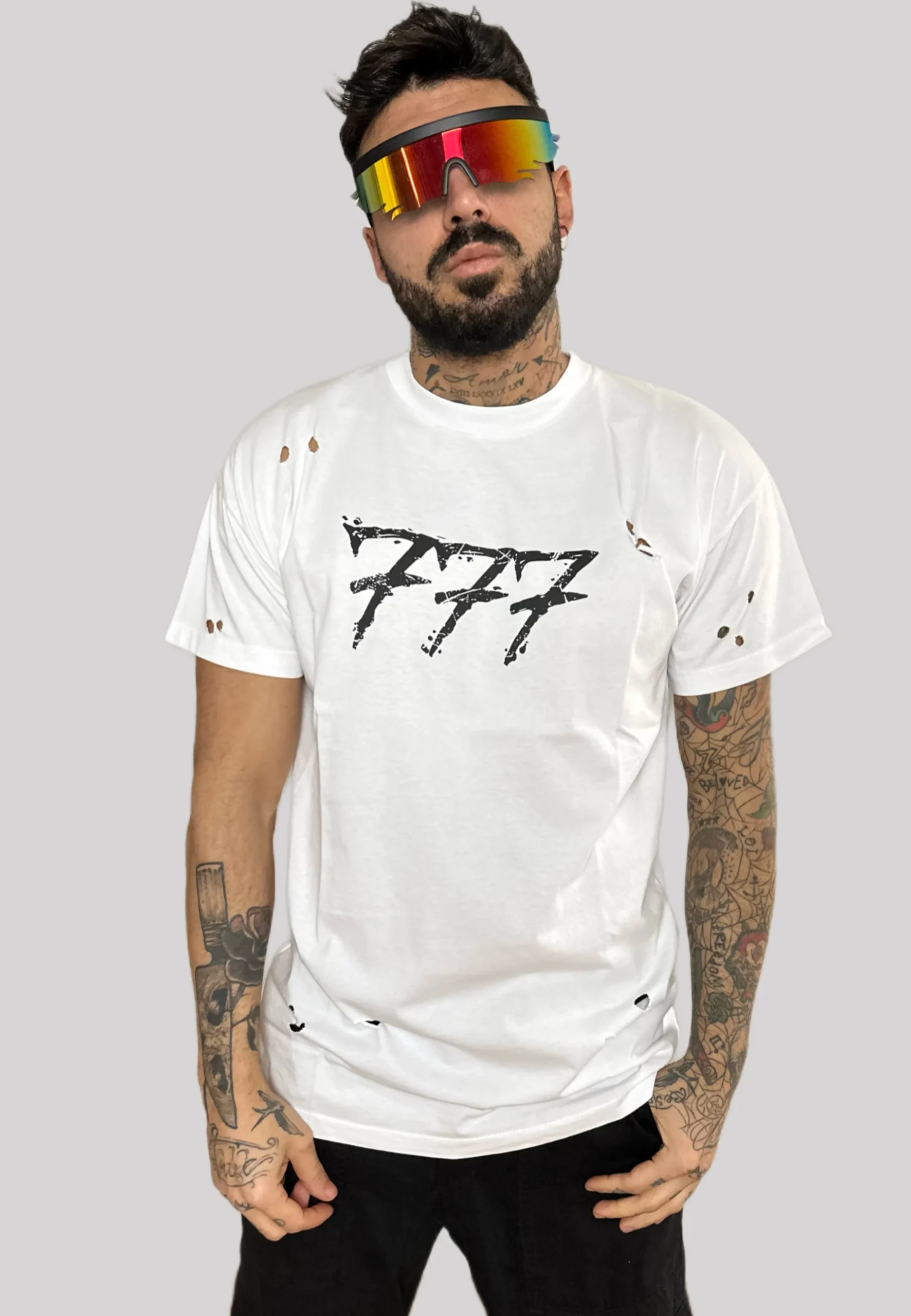 Tony Effe T-shirt TRIPLOSETTE 777 buchi logo bianca - immagine 2