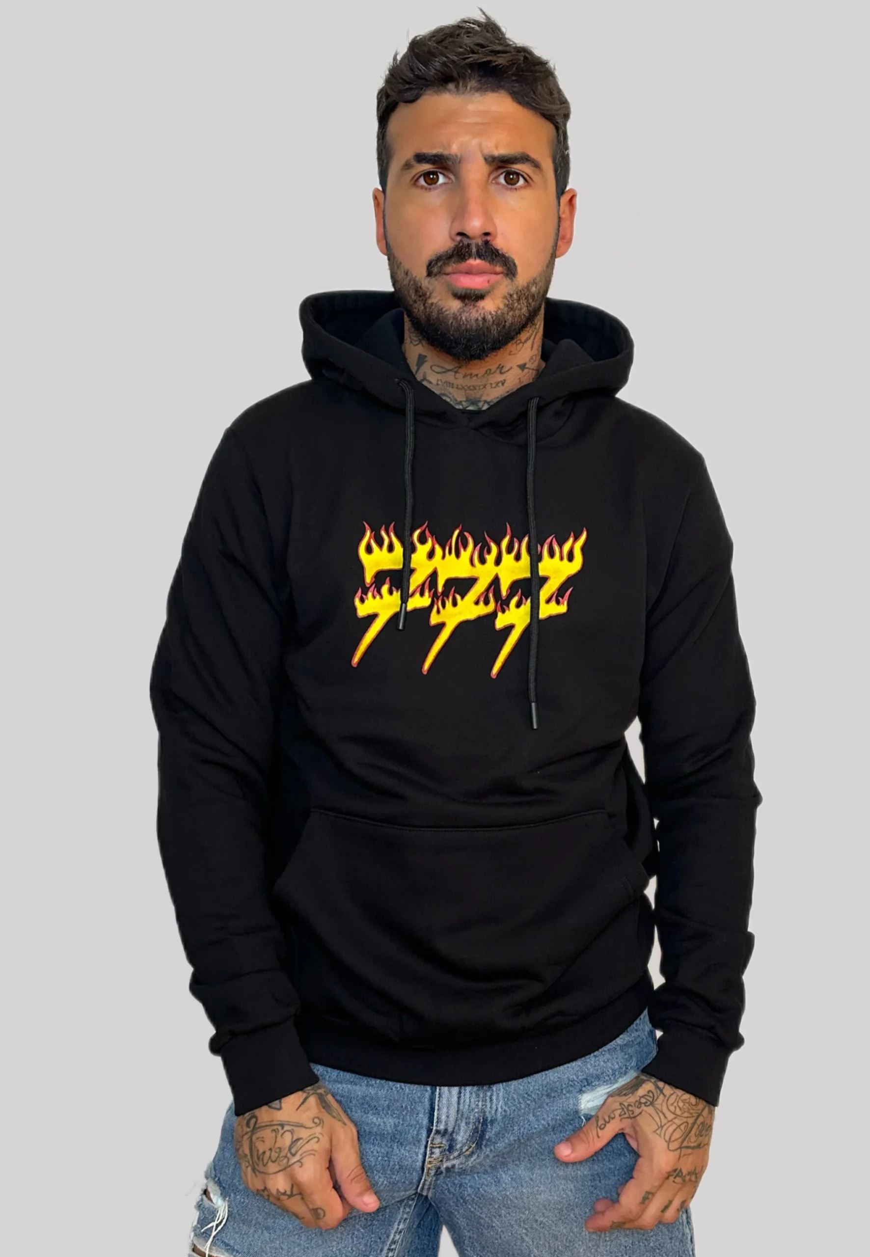 Tony Effe Felpa TRIPLOSETTE 777 con cappuccio stampa Fiamma nero - immagine 2