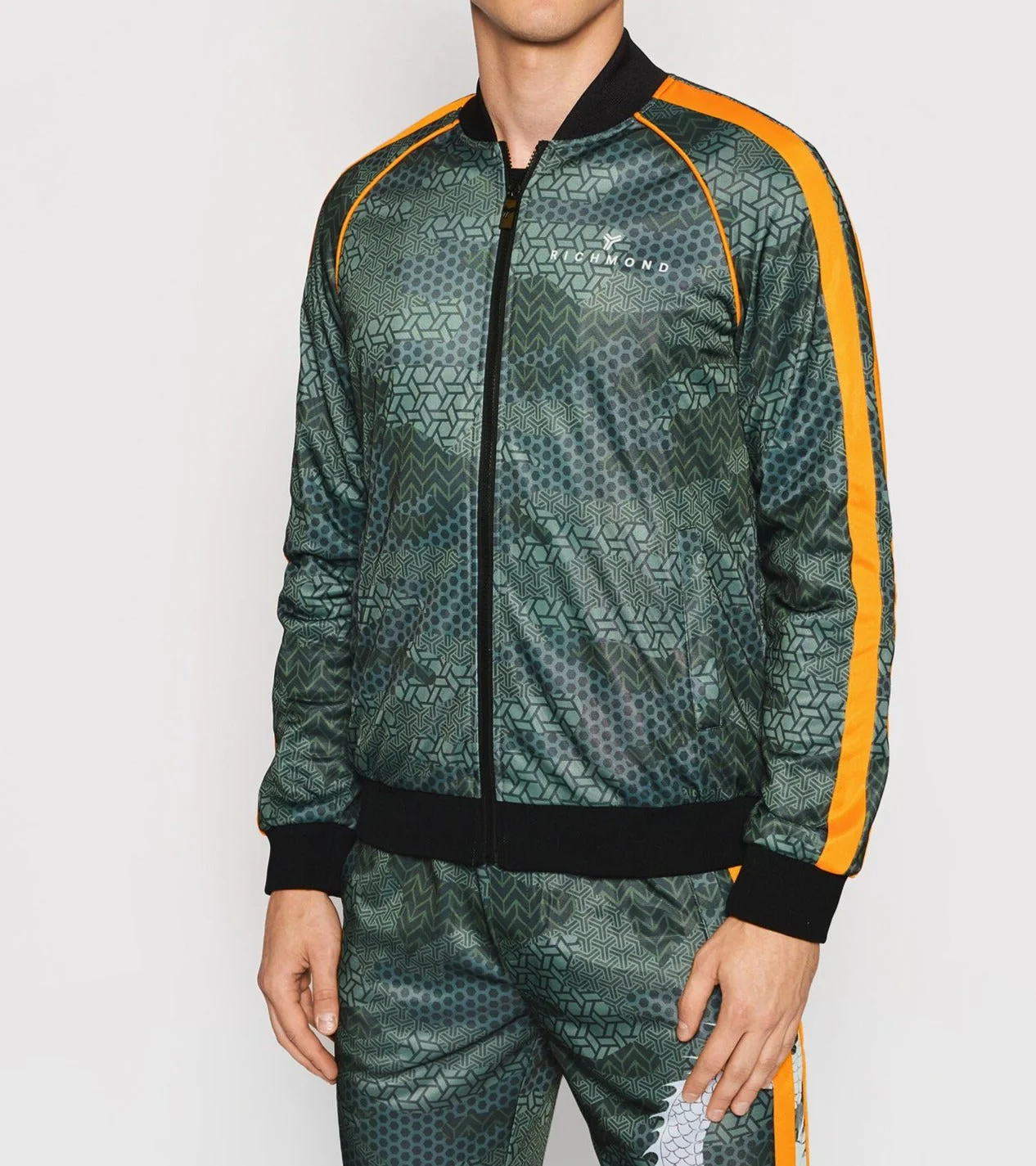 Felpa RICHMOND zip in acetato fantasia dragon verde militare/arancio - immagine 4