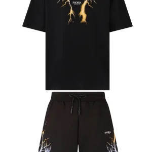 Completo estivo PHOBIA ARCHIVE t-shirt + pantaloncino fulmini blu/giallo nero