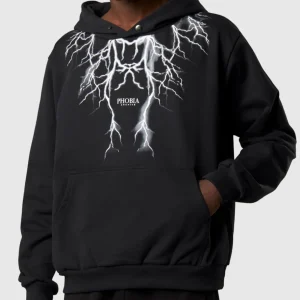 Felpa PHOBIA cappuccio nera stampa fulmini grigi
