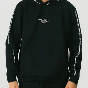 Felpa PHOBIA cappuccio nera filo spinato ricamato bianco