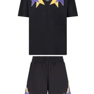 Completo estivo PHOBIA ARCHIVE t-shirt + pantaloncino nero fulmini stellati giallo/viola