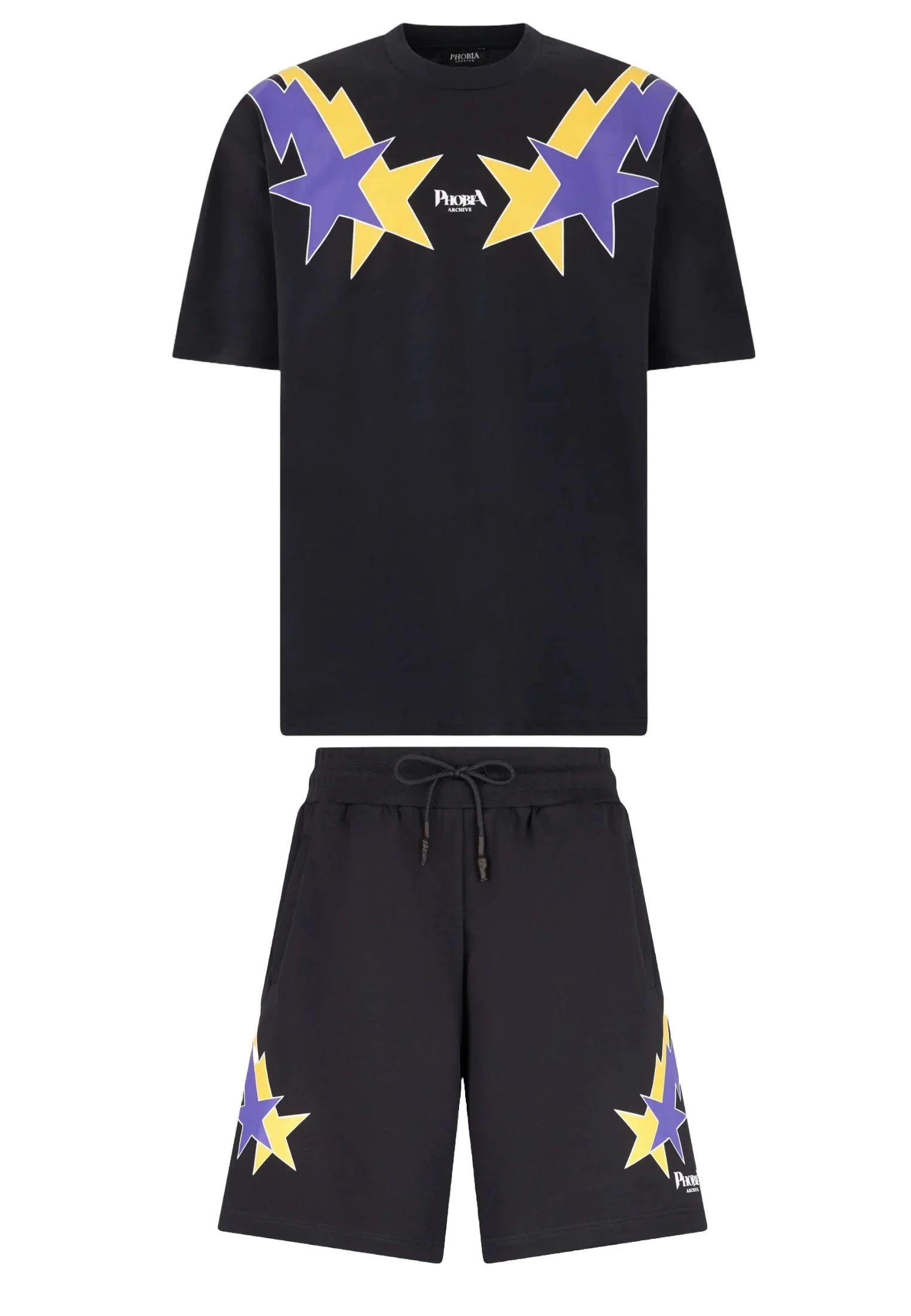 Completo estivo PHOBIA ARCHIVE t-shirt + pantaloncino nero fulmini stellati giallo/viola - immagine 2