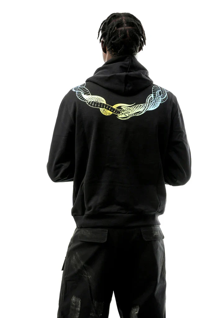 Felpa PHOBIA cappuccio nera stampa serpenti al collo giallo/blu - immagine 4