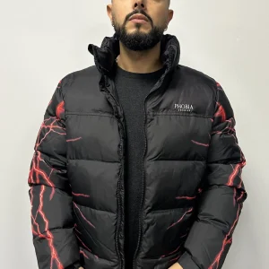 Piumino PHOBIA chiusura zip con cappuccio nero fulmini rossi