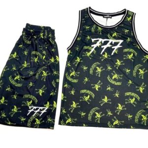 Tony Effe Completino estivo TRIPLOSETTE 777 canotta + bermuda in rete stampa teschi microfile nero