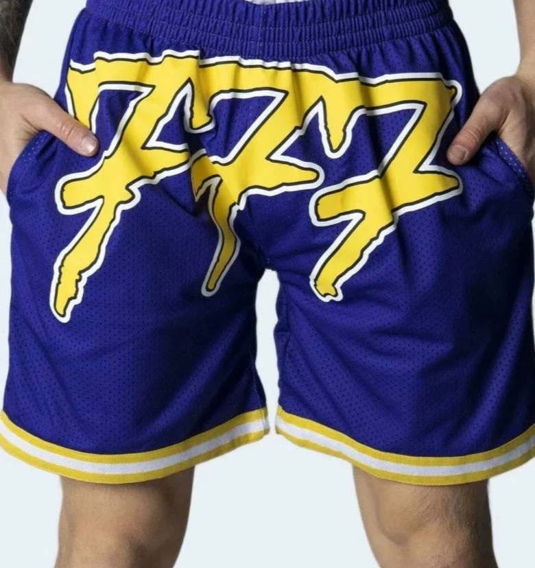 Tony Effe Completino estivo TRIPLOSETTE 777 canotta + bermuda in rete viola/giallo - immagine 4