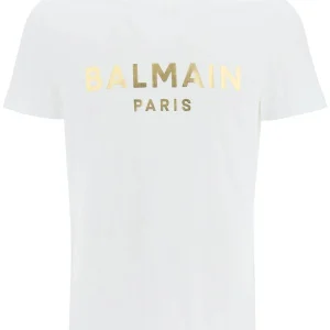 T-shirt BALMAIN stampa logo oro bianca