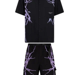 Completo estivo PHOBIA camicia + bermuda nero stampa laterale fulmini viola