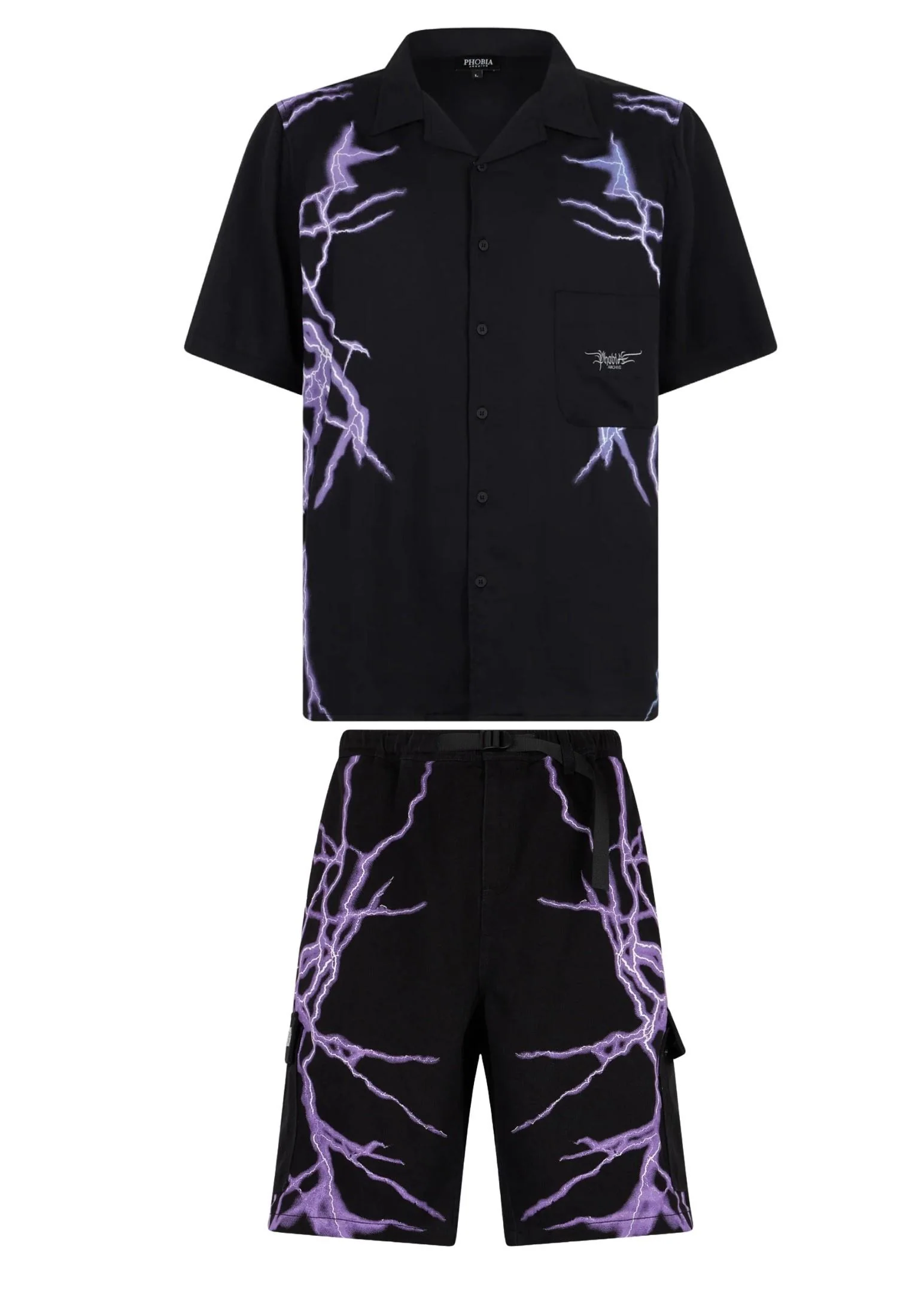 Completo estivo PHOBIA camicia + bermuda nero stampa laterale fulmini viola